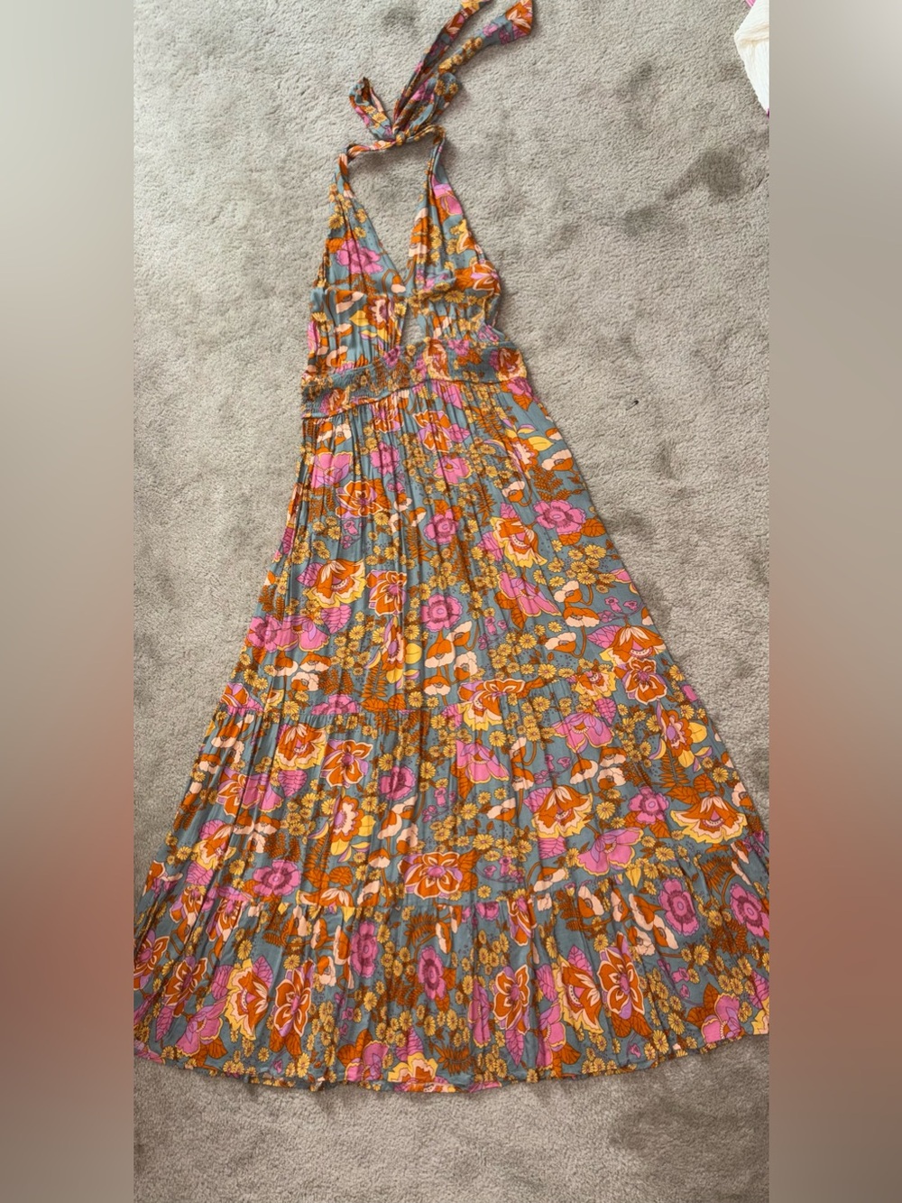 Floral Halter Maxi Dress in Pink, Orange & a Blue-Gray